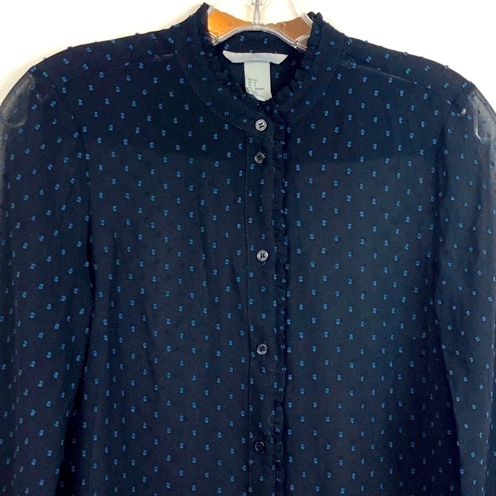 H&M Sheer Clip Dot Button Down High Neck Ruffle Detail Blouse